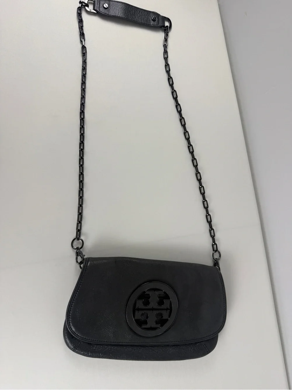 Tory Burch Black Leather Chain Strap Crossbody with Logo Medallion